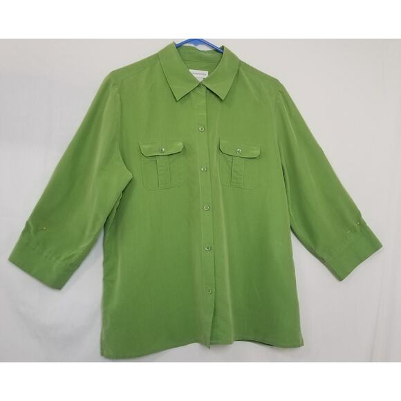 Liz Claiborne 3/4 Sleeve Button-up Blouse Green Rayon Poly Blend Size Large - Picture 1 of 8